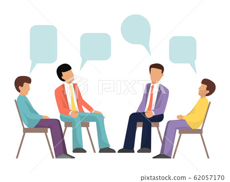 Group therapy concept. Psychotherapy in groups design vector illustration. Men characters are sitting in a circle and talking about problems with speech bubbles Group therapy concept. Psychotherapy in groups design vector illustration. Men characters are sitting in a circle and talking about problems with speech bubbles 62057170