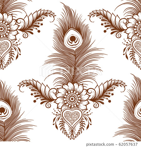 Peacock feathers mehendi, traditional indian henna floral ornament. Peacock feathers mehendi, traditional indian henna floral ornament. 62057637