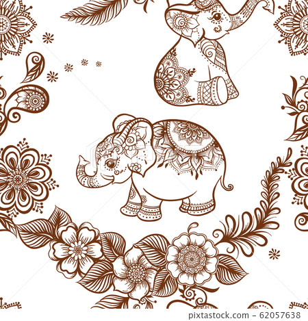 Elephant in eastern ethnic style, traditional indian henna ornament. Elephant in eastern ethnic style, traditional indian henna ornament. 62057638