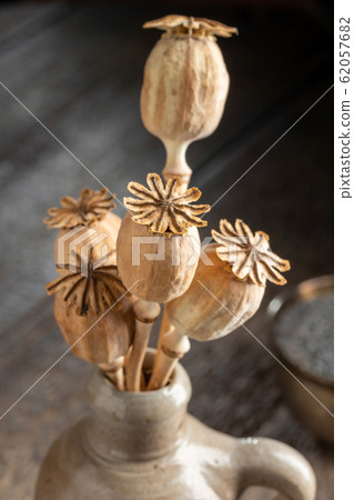 Dried poppy heads in a jug, with poppy seeds in the background 62057682