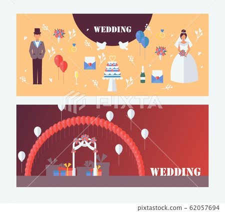 Wedding invitation banners, vector illustration. Flat style icons and symbols, figures of groom and bride, wedding arch, balloons, cake and gift boxes. Newlyweds 62057694