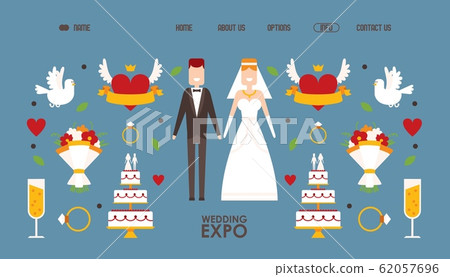 Wedding expo website design, vector illustration. Landing page template with symbols and icons of love in simple flat style. Abstract newlywed couple figures 62057696