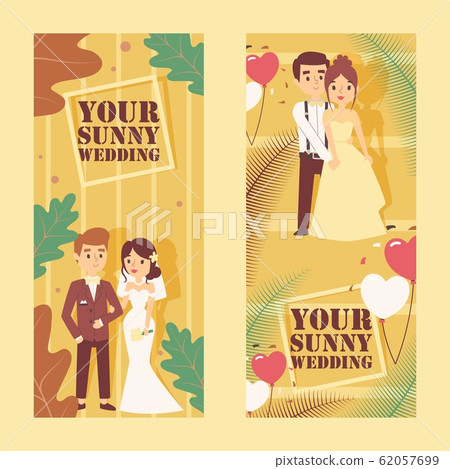 Wedding agency advertisement banners, vector illustration. Event organisation company advertisement campaign. Happy newlywed couple cartoon characters, text your sunny wedding 62057699
