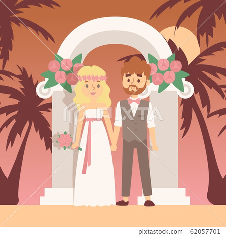 Wedding ceremony on tropical island, vector illustration. Romantic trip for newlywed couple. Bride and groom standing under wedding arch on beach with palm trees 62057701