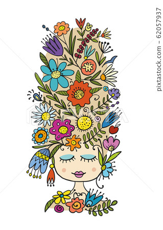 Pretty female face with floral hairstyle for your Pretty female face with floral hairstyle for your 62057937