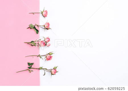 Frame of dried rose flowers on white and pink 62059225
