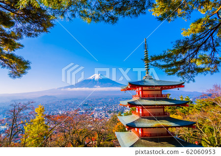 Beautiful landscape of mountain fuji with chureito pagoda around maple leaf tree in autumn season 62060953