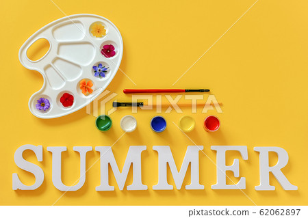 Text Summer, bright colorful flowers on artistic 62062897