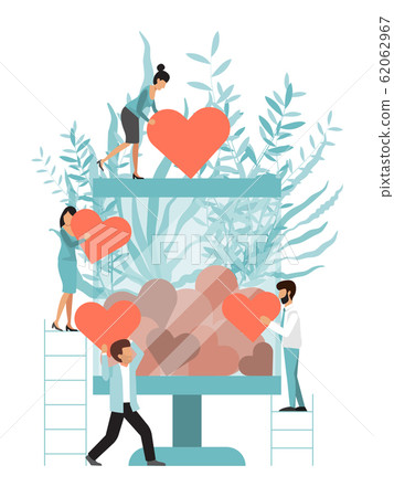 Charity of glass jar with hearts. Queue to make donate. Donating and charity concept, tiny people with heart. Donatings and compassion vector illustration Charity of glass jar with hearts. Queue to make donate. Donating and charity concept, tiny people with heart. Donatings and compassion vector illustration 62062967