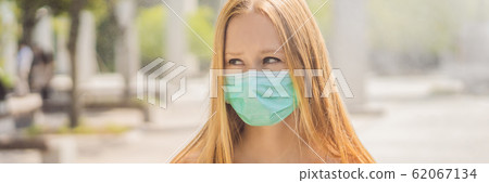 Blonde hair woman in protective surgical mask. Concept of spread of Chinese Coronavirus 2019-nCoV 62067134
