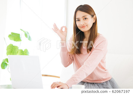 使用個人計算機的一個少婦在屋子裡 62067197