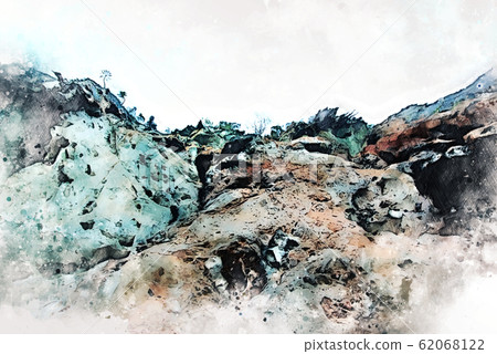 Abstract colorful mountain peak and tree landscape on watercolor illustration painting background. Abstract colorful mountain peak and tree landscape on watercolor illustration painting background. 62068122