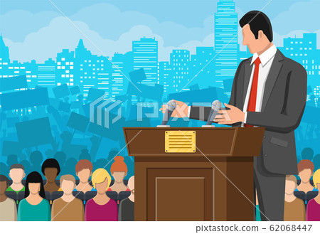 Brown wooden rostrum with microphones 62068447