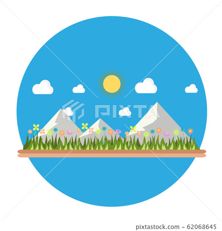 Flat design nature.Summer landscape illustration with sun, hills and clouds.For backgrounds, cards, posters and more. Flat design nature.Summer landscape illustration with sun, hills and clouds.For backgrounds, cards, posters and more. 62068645