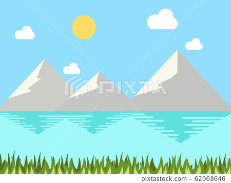 Flat design nature.Summer landscape illustration with sun, hills and clouds.For backgrounds, cards, posters and more. Flat design nature.Summer landscape illustration with sun, hills and clouds.For backgrounds, cards, posters and more. 62068646