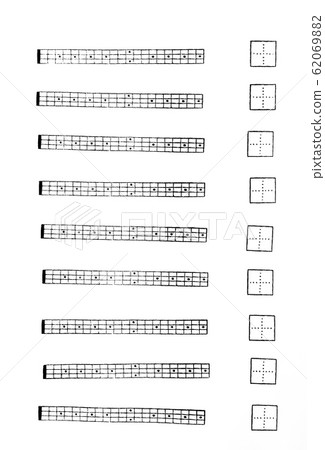 Music format template Electric bass fingerboard table and entry box made with eraser stamp Music format template Electric bass fingerboard table and entry box made with eraser stamp 62069882