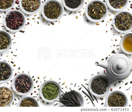 Large assortment of tea on a white background. The view from the top Large assortment of tea on a white background. The view from the top 62071453