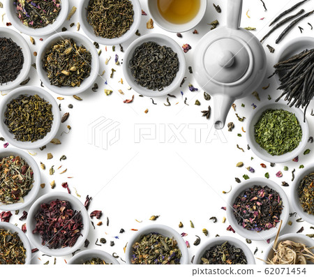 Large assortment of tea on a white background. The view from the top 62071454