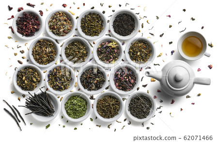 Large assortment of tea on a white background. The view from the top 62071466
