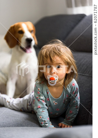 Cute 2 year old Baby girl on a bed on her belly Cute 2 year old Baby girl on a bed on her belly 62071787