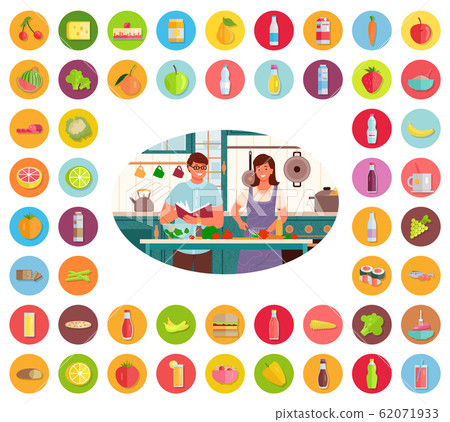 People Cooking and Stickers of Product Vector 62071933