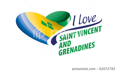 National flag of the Saint Vincent and the Grenadines in the shape of a heart and the inscription I love Saint Vincent and the Grenadines. Vector illustration 62072785