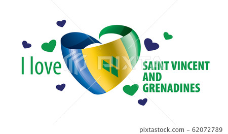 National flag of the Saint Vincent and the Grenadines in the shape of a heart and the inscription I love Saint Vincent and the Grenadines. Vector illustration 62072789