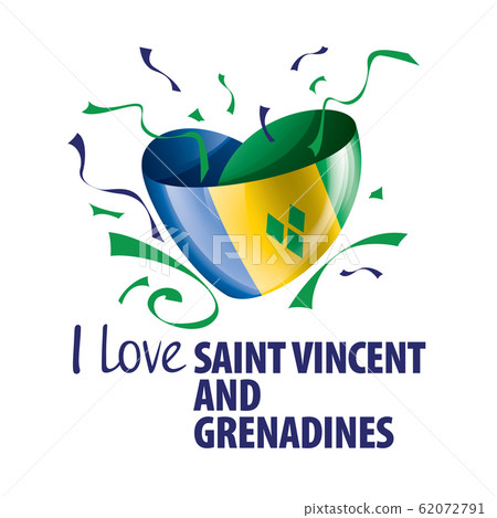 National flag of the Saint Vincent and the Grenadines in the shape of a heart and the inscription I love Saint Vincent and the Grenadines. Vector illustration 62072791