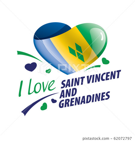 National flag of the Saint Vincent and the Grenadines in the shape of a heart and the inscription I love Saint Vincent and the Grenadines. Vector illustration 62072797