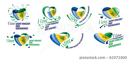 National flag of the Saint Vincent and the Grenadines in the shape of a heart and the inscription I love Saint Vincent and the Grenadines. Vector illustration 62072800