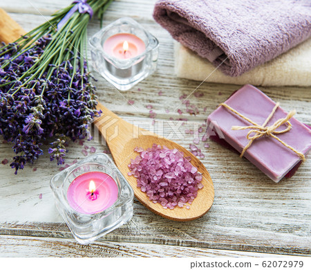 flat lay composition with lavender flowers and flat lay composition with lavender flowers and 62072979