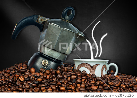 Italian Coffee Maker with Cup and Roasted Coffee Beans 62073120