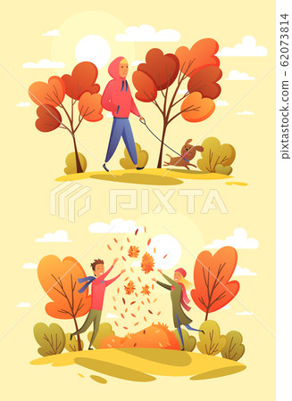 Happy People In An Autumn Park Trend Colors Stock Illustration