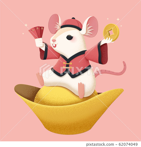 White mouse sitting on gold ingot 62074049