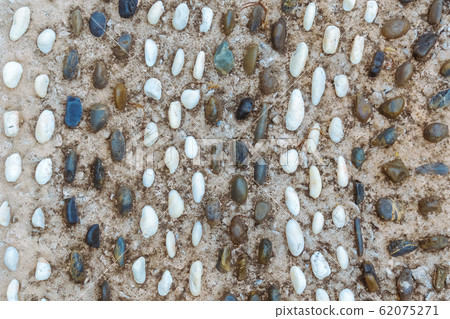 The top view of the dark and white pebbles pathway is a curved path in the shape of waves in concrete to decorate the pathway in the garden. 62075271