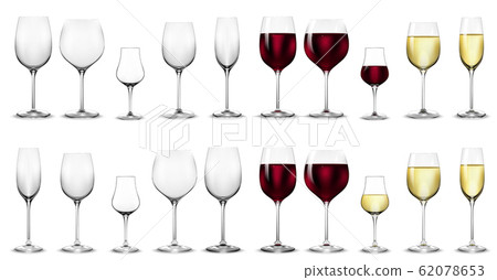 Full and empty glasses for white and red wine. 62078653