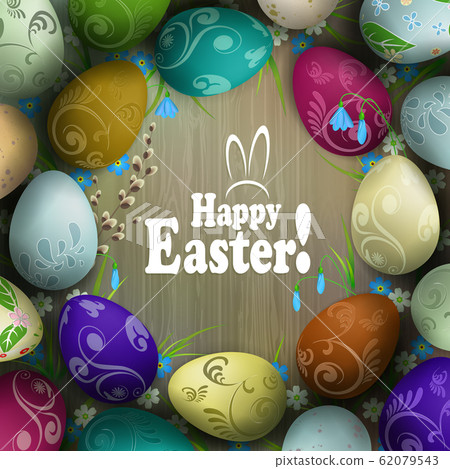 Easter composition with eggs drawn in a circle in the form of a wreath, the silhouette of a light brown shade board, willow branch and flowers 62079543