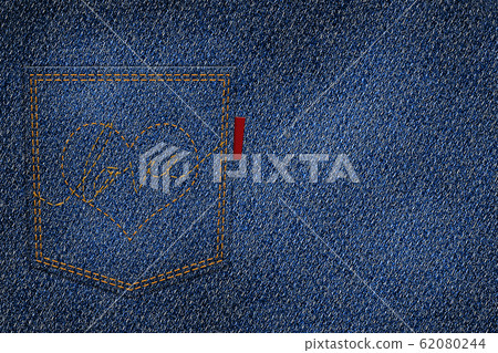 embroidery heart and love with red thread on the back pocket of blue jeans with logo tag. jean denim texture background 62080244