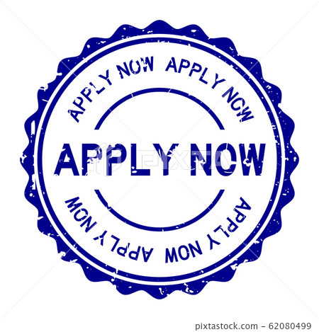 Grunge blue apply now word round rubber seal stamp on white background 62080499