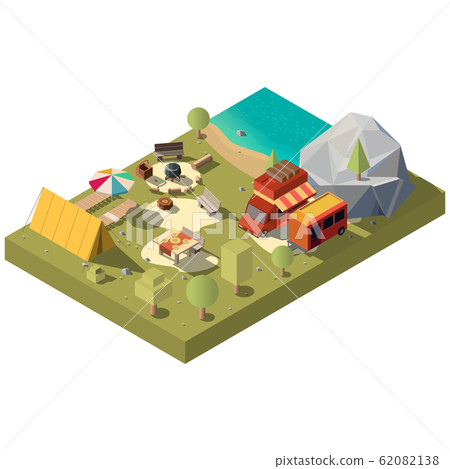 Comfortable camping pitch on river shore Comfortable camping pitch on river shore 62082138