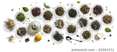 Large assortment of tea on a white background. The view from the top Large assortment of tea on a white background. The view from the top 62083252