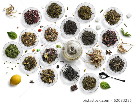 Large assortment of tea on a white background. The view from the top Large assortment of tea on a white background. The view from the top 62083255