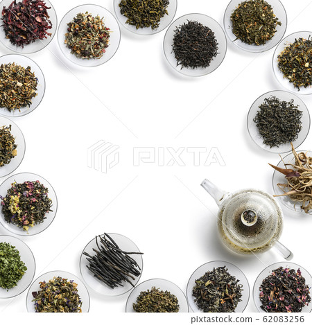 Large assortment of tea on a white background. The view from the top 62083256