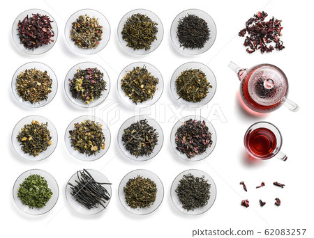 Large assortment of tea on a white background. The view from the top Large assortment of tea on a white background. The view from the top 62083257