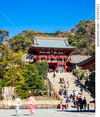 Kamakura Tsurugaoka Hachimangu shrine main shrine and big stone steps 62083821