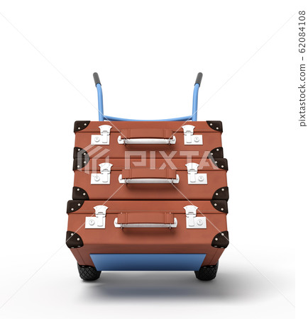 3d rendering of blue hand truck with stack of three brown suitcases on top. 3d rendering of blue hand truck with stack of three brown suitcases on top. 62084108