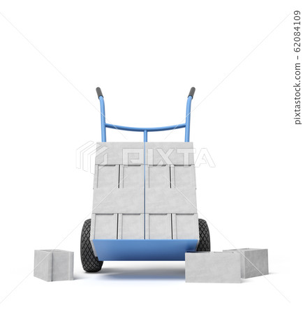 3d rendering of stack of grey hollow bricks on blue hand truck with several bricks lying on ground. 3d rendering of stack of grey hollow bricks on blue hand truck with several bricks lying on ground. 62084109