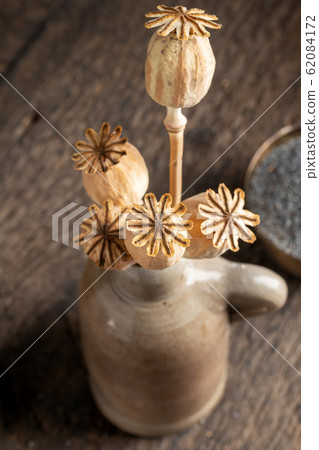 Poppy heads with poppy seeds in the background 62084172