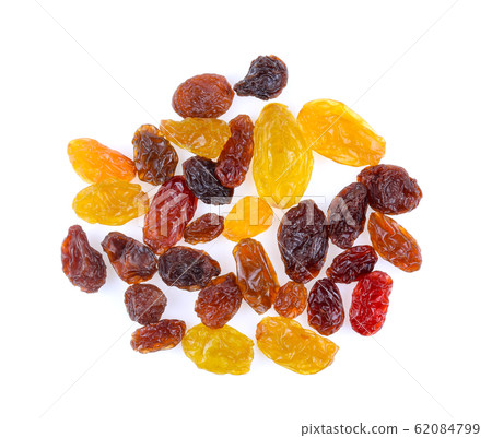 Black, red and yellow Raisins isolated on white Black, red and yellow Raisins isolated on white 62084799