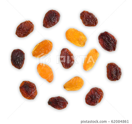 Top view of Dried raisins isolated on white 62084861